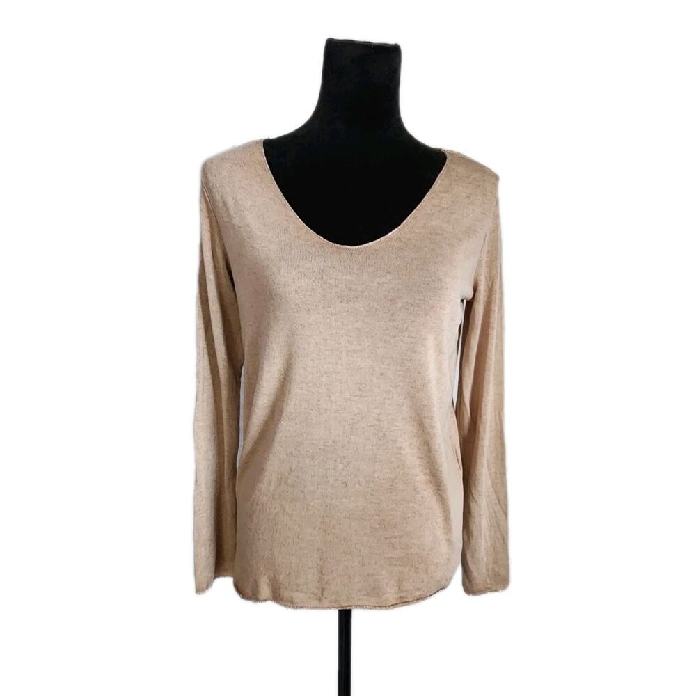Art 8418 Made In Italy Nude Lightweight Long Sleeve Sweater With Silver Trims M